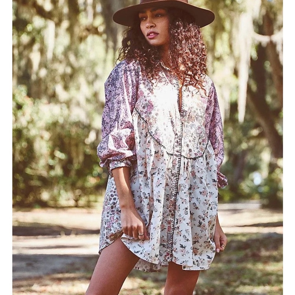 Free People Floral Patchwork Babydoll Tunic Dress - Pink & Cream